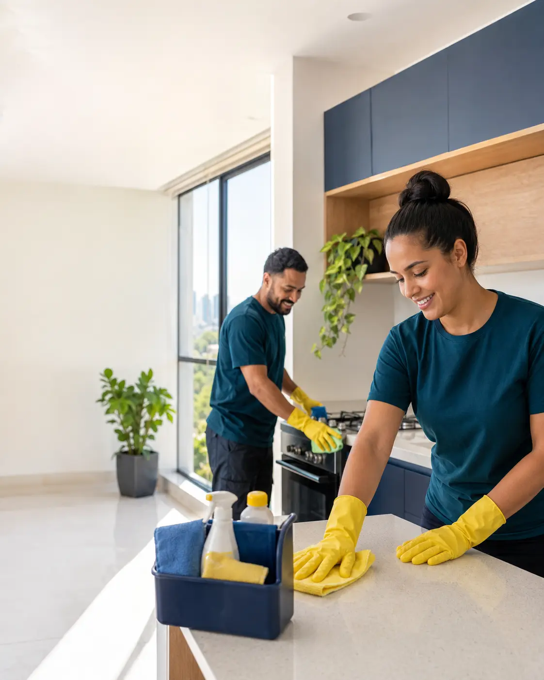 Equipe realizando limpeza profissional em uma cozinha iluminada